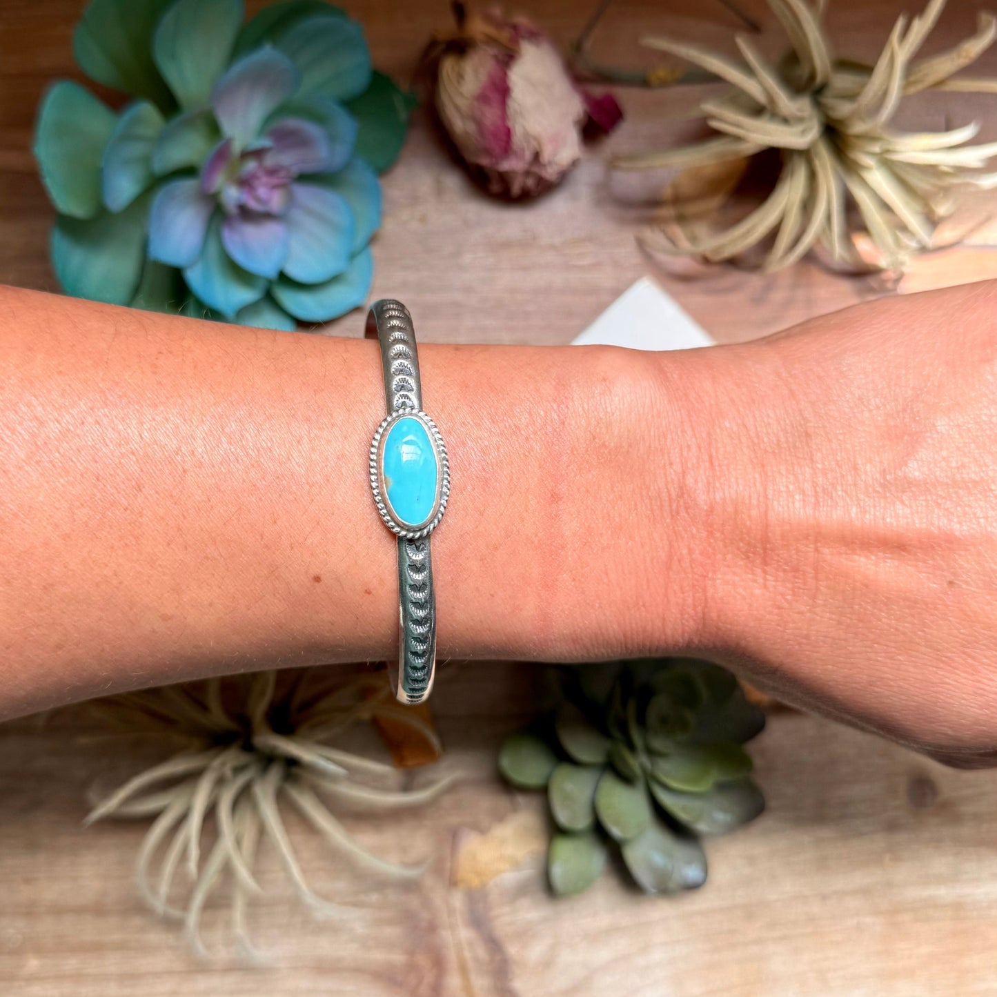 SS Kingman Turquoise Stamped Stacking Cuff by Jason Ogg