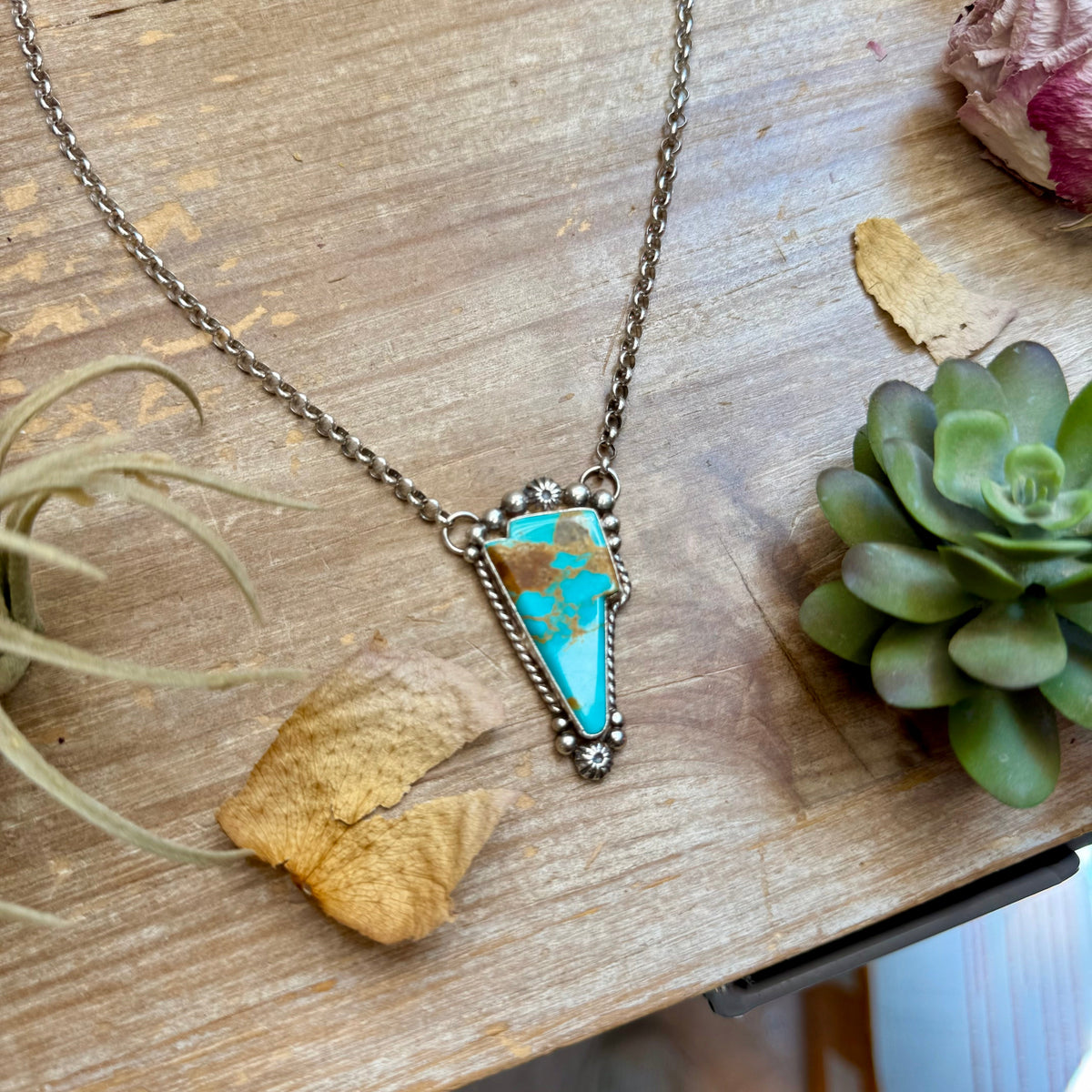 SS Kingman Turquoise Lightning Bolt Fixed Chain Necklace by Jason Ogg