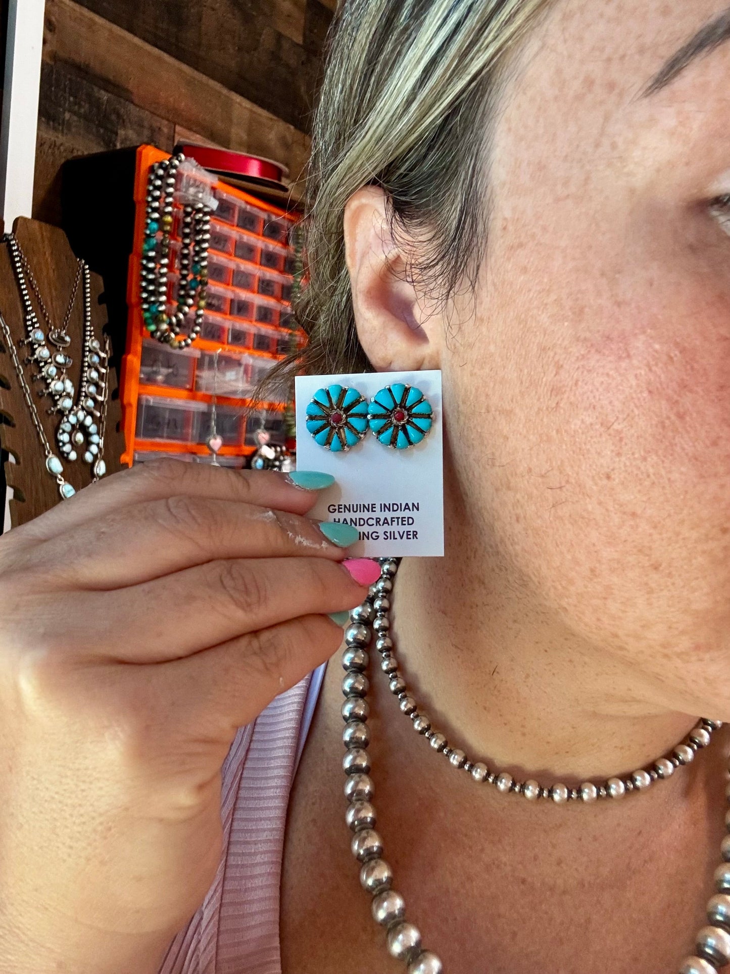 Blue Turquoise & Red Cluster Stud Earrings