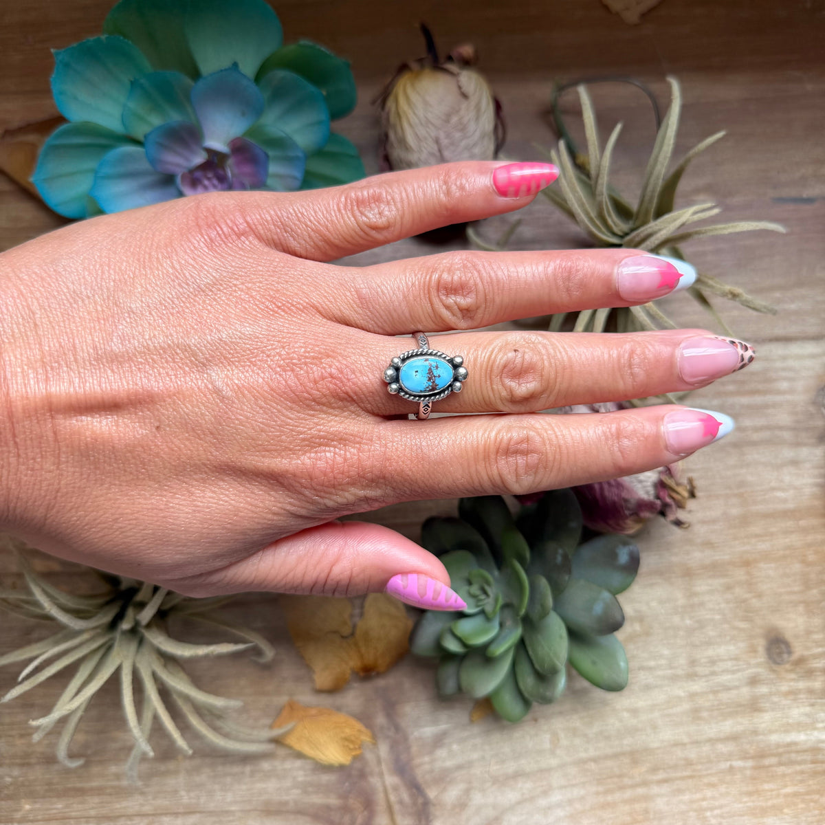 SS Golden Hill Turquoise Medicine Man Eye Stamped Stacking Ring by Jason Ogg