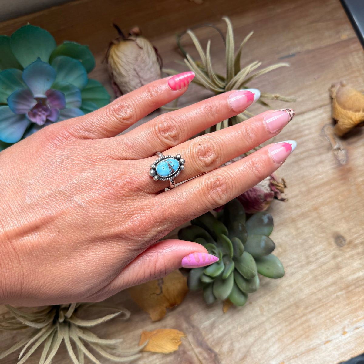 SS Golden Hill Turquoise Medicine Man Eye Stamped Stacking Ring by Jason Ogg