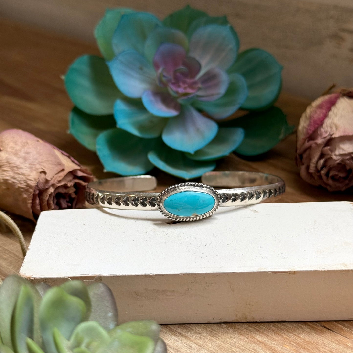 SS Kingman Turquoise Stamped Stacking Cuff by Jason Ogg