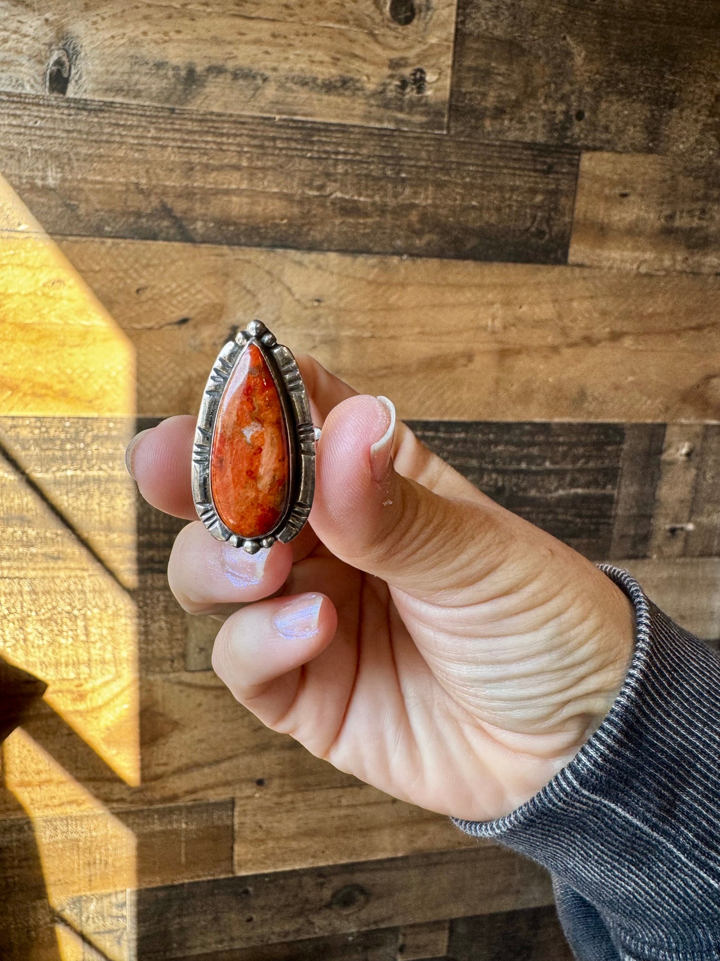 Long Ring - Adjustable - Corral & Sterling Silver