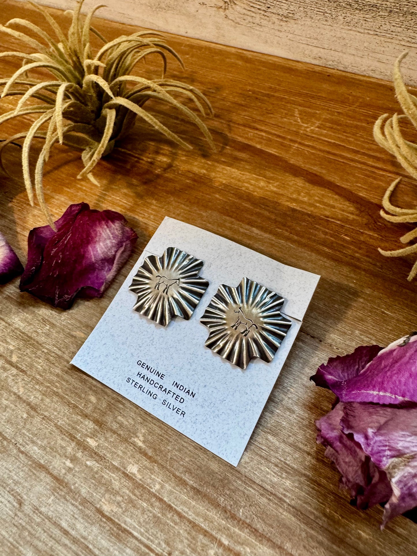 Square Cross Stud Earrings with Horse Stamp – Sterling Silver