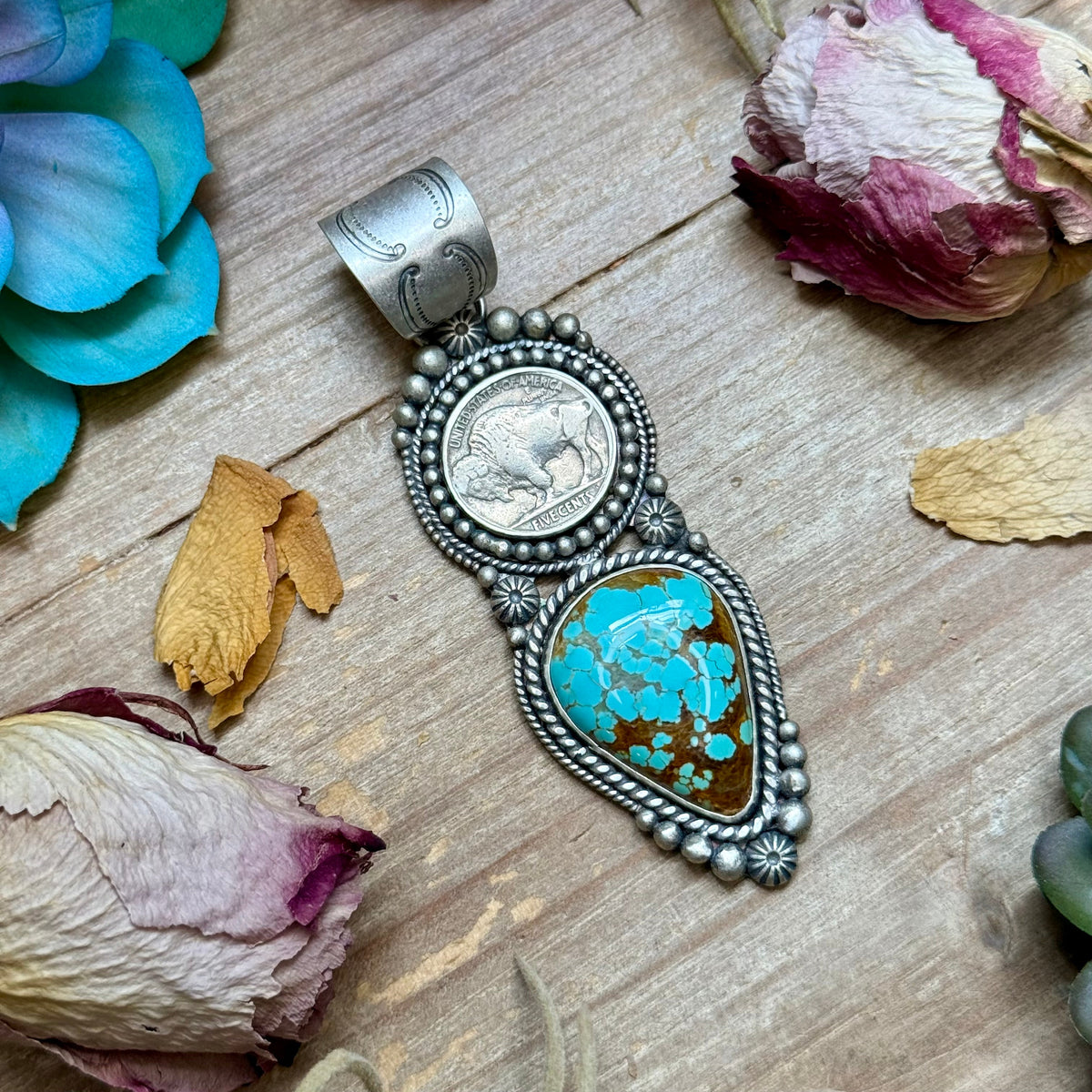 SS Mine #8 Turquoise & Buffalo Nickel Pendant by Shay Pfeiffer