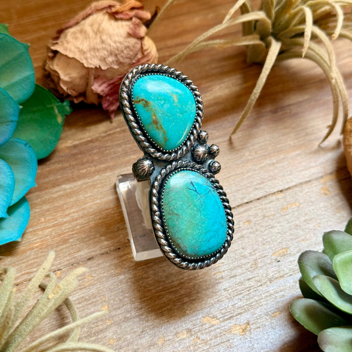 Two-Stone Blue-Green Turquoise Statement Ring