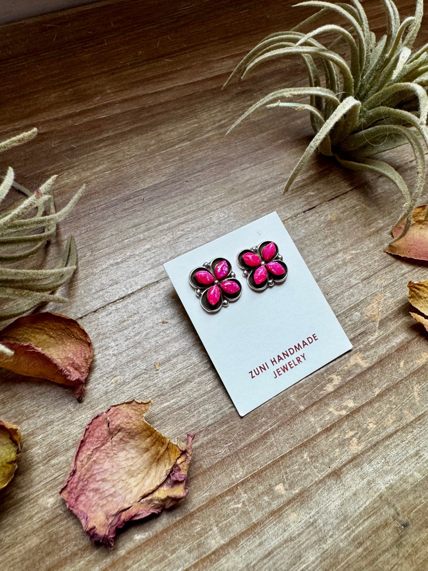 Zuni Stud Earrings – Pink Opal & Sterling Silver