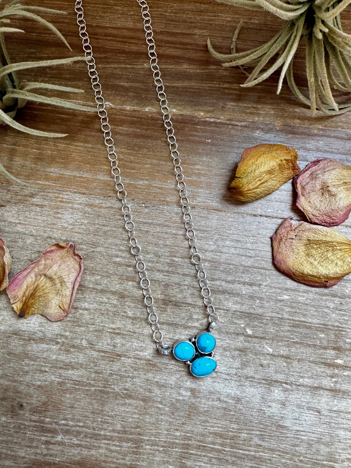 3-Stone Small Cluster Necklace – Kingman Turquoise – 17.5" SS chain