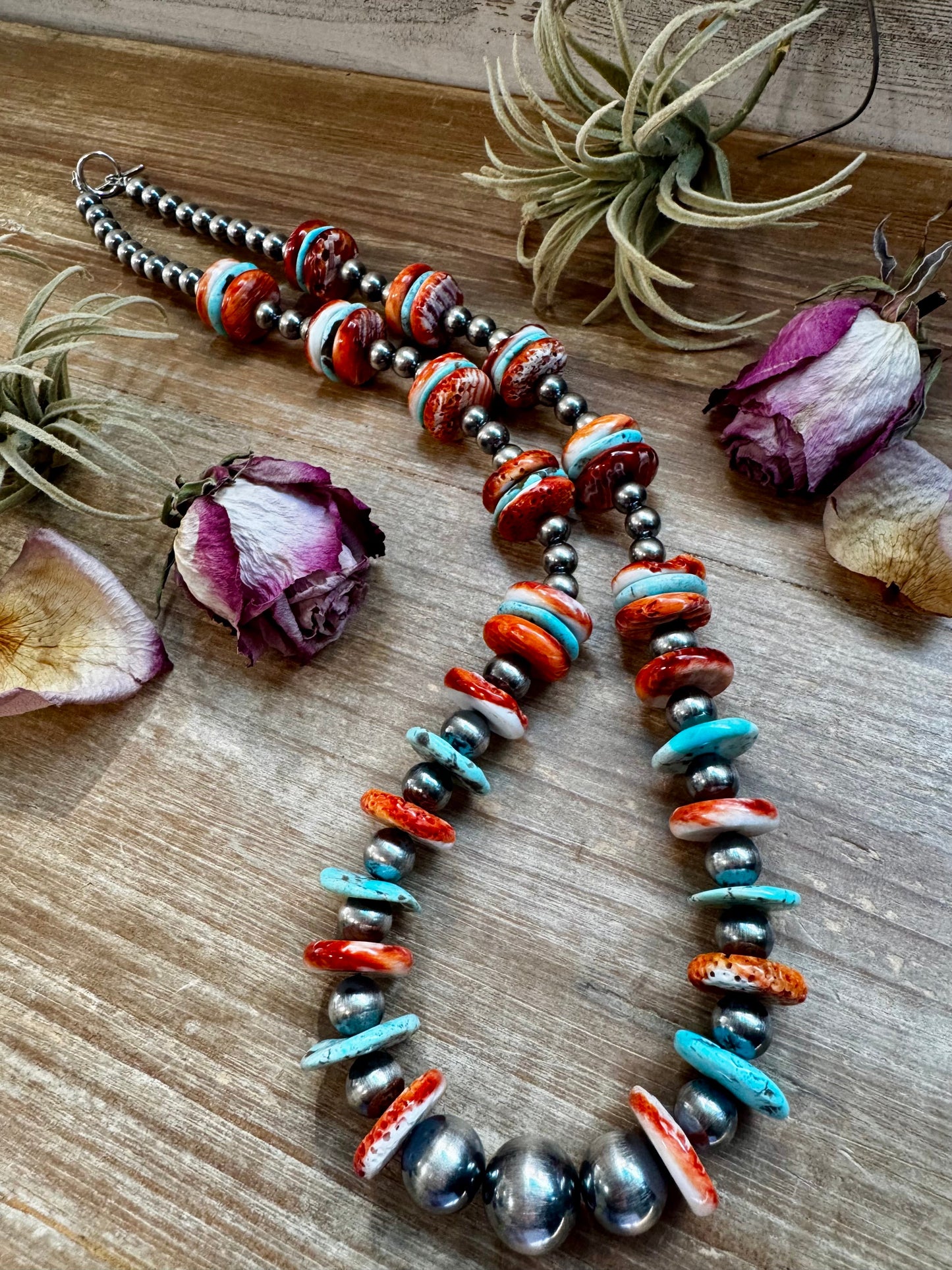 NFR Collection Necklace – 8MM to 20MM graduated with Turquoise & Spiny Oyster – 29"