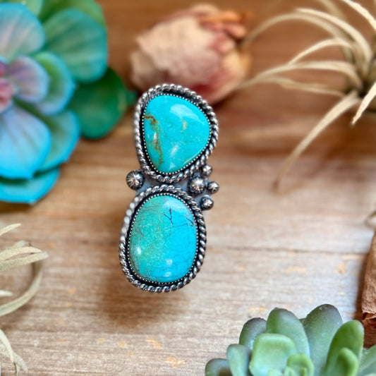 Two-Stone Blue-Green Turquoise Statement Ring