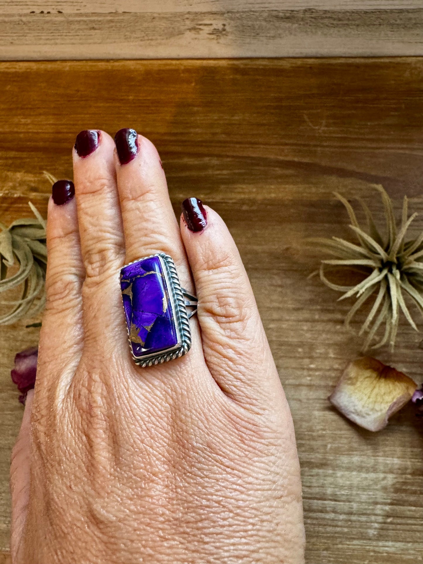 Purple Dahlia Ring – Sterling Silver – Native Made by M. Spencer – Size 8