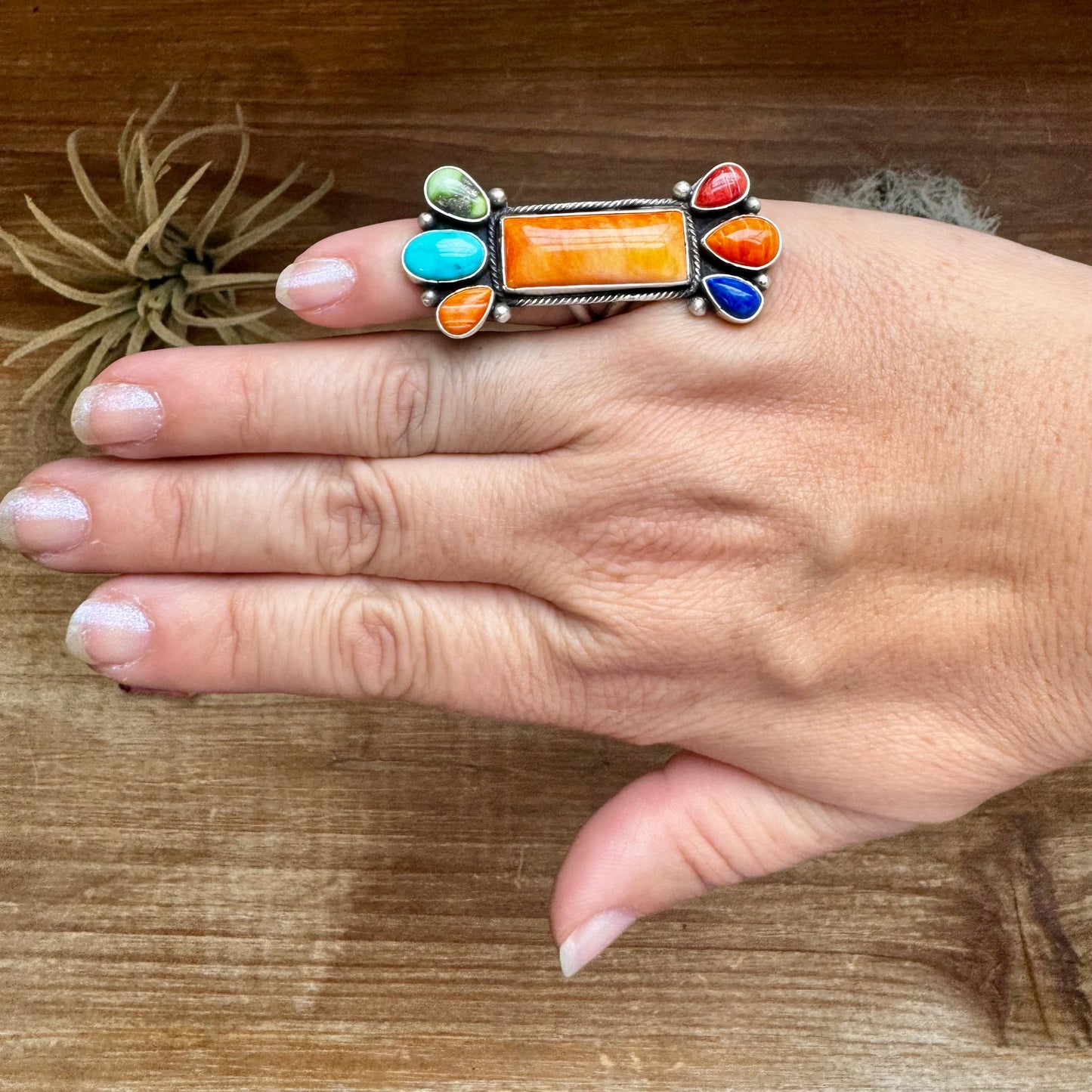 Long Ring - Size 4 1/2 - mix stone turquoise & spiny