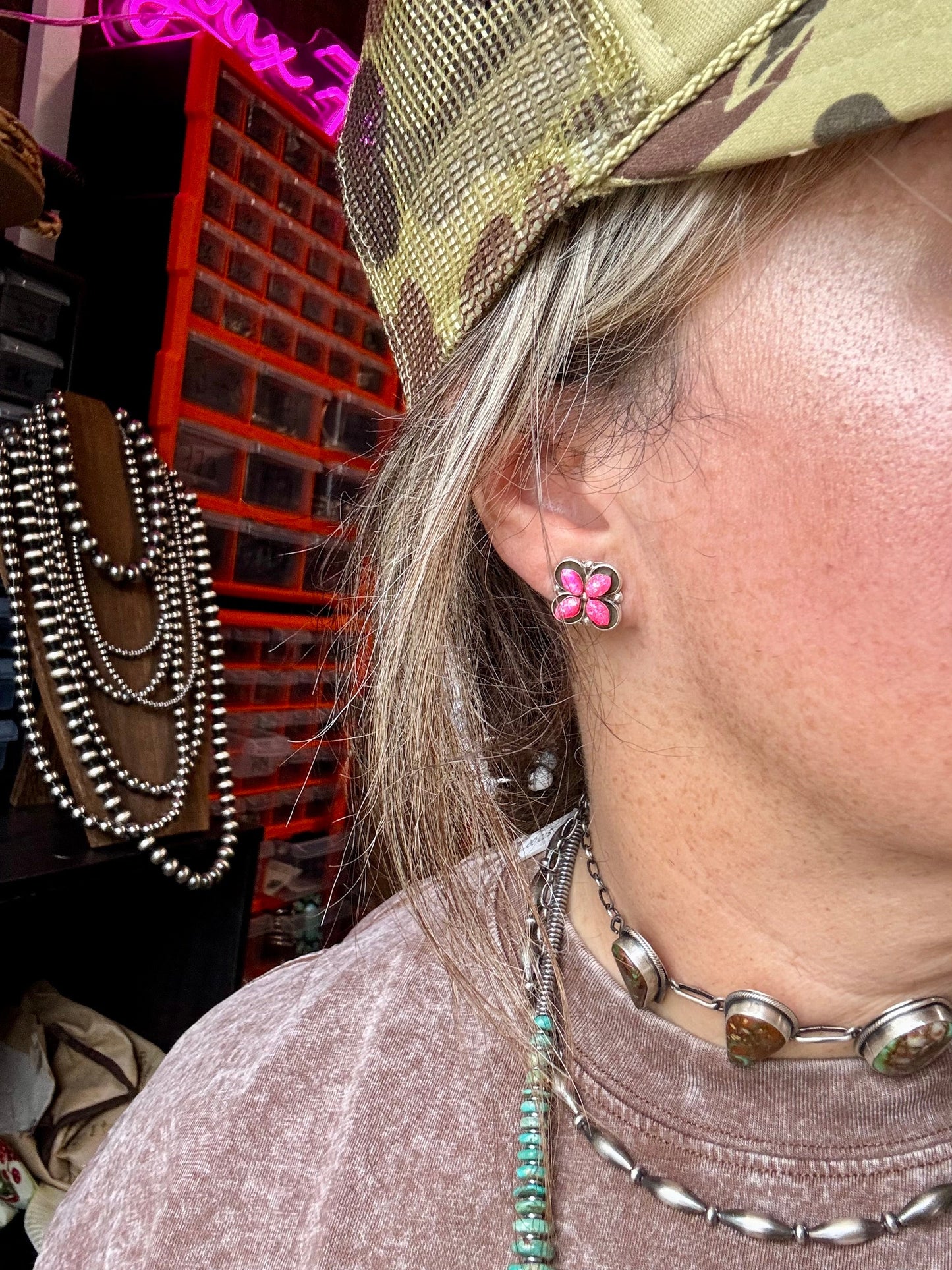 Zuni Stud Earrings – Pink Opal & Sterling Silver