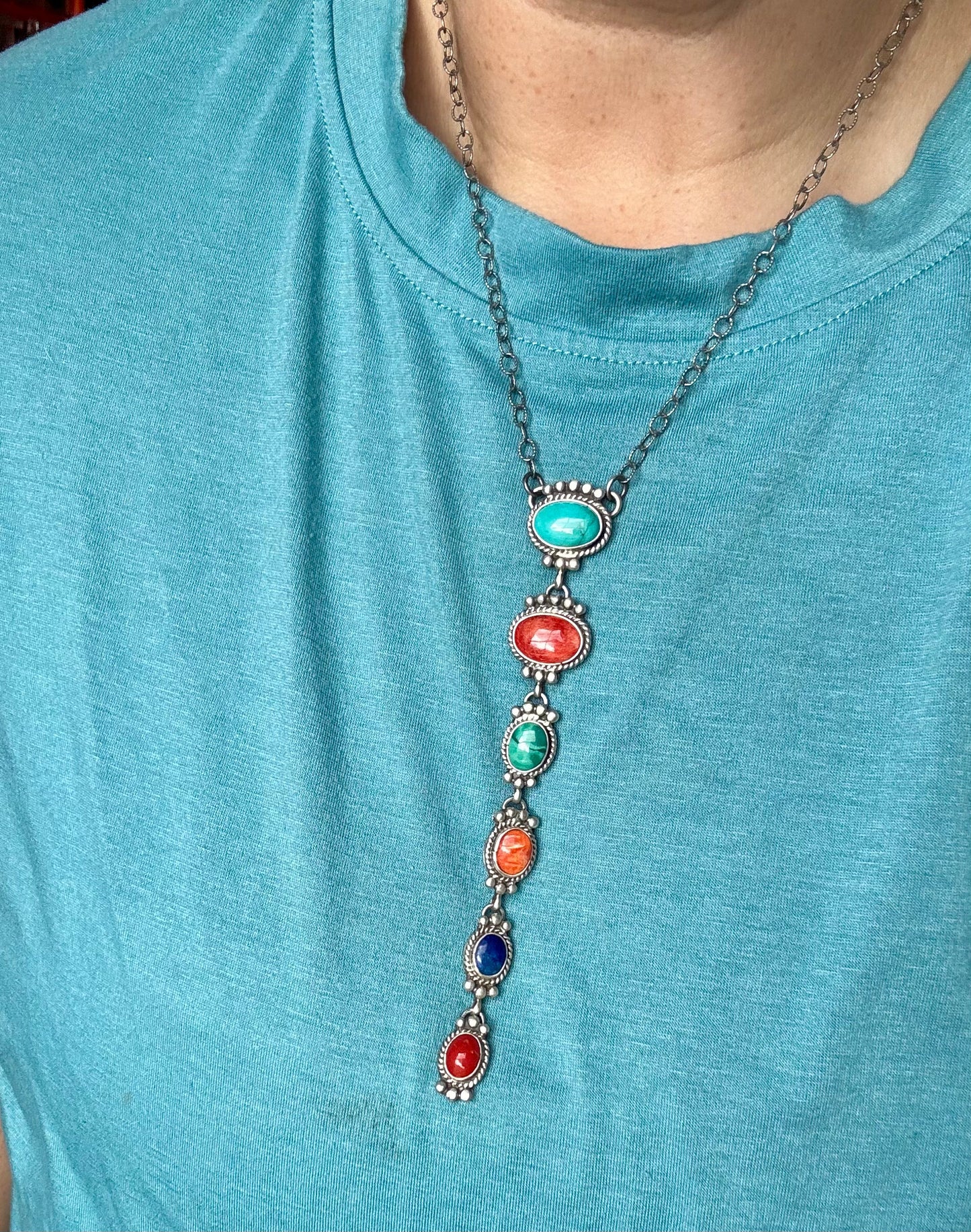 Turquoise, Spiny, & Lapis Lariat - 18" SS chain