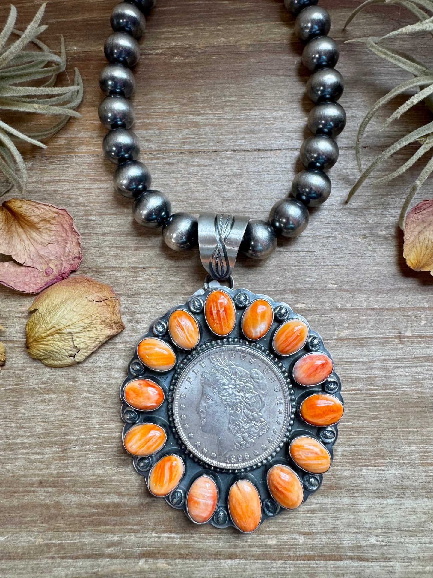 Orange Spiny Oyster & Silver Coin Pendant