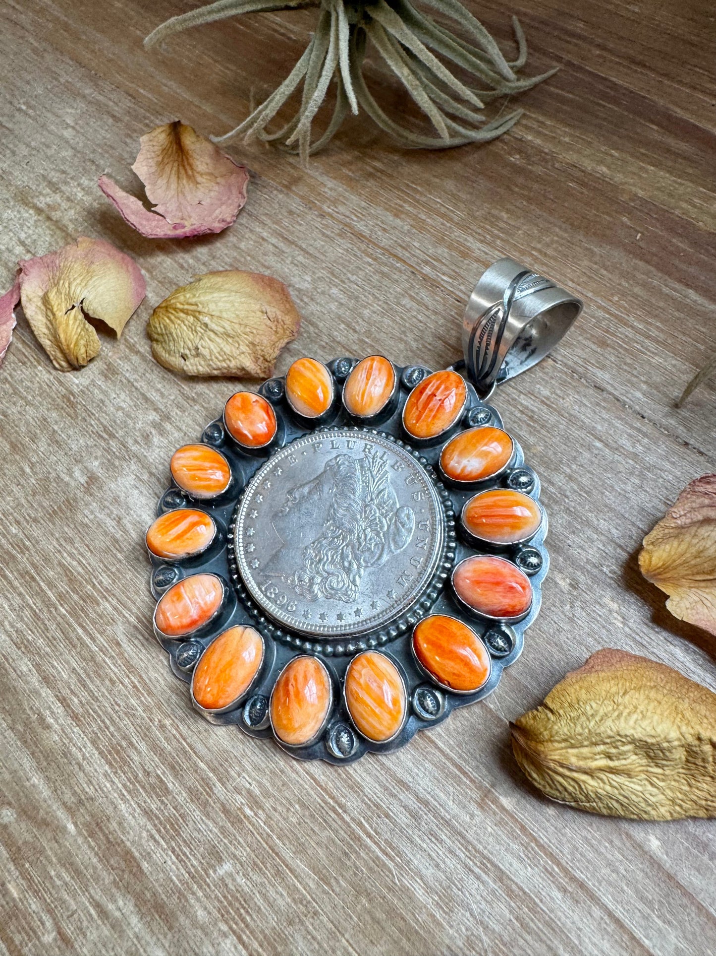 Orange Spiny Oyster & Silver Coin Pendant