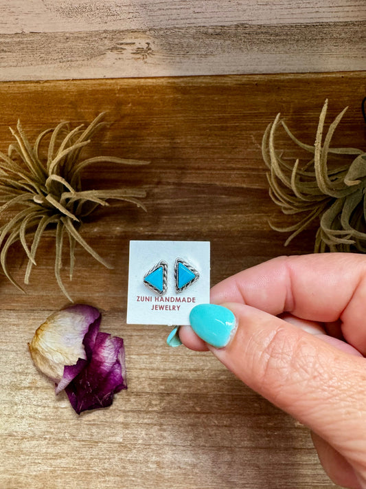 Triangle Kingman Turquoise Stud Earrings – Sterling Silver – Zuni Native Made
