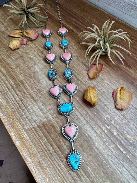 Golden Hill Turquoise & Pink Conch Heart Lariat – 34”