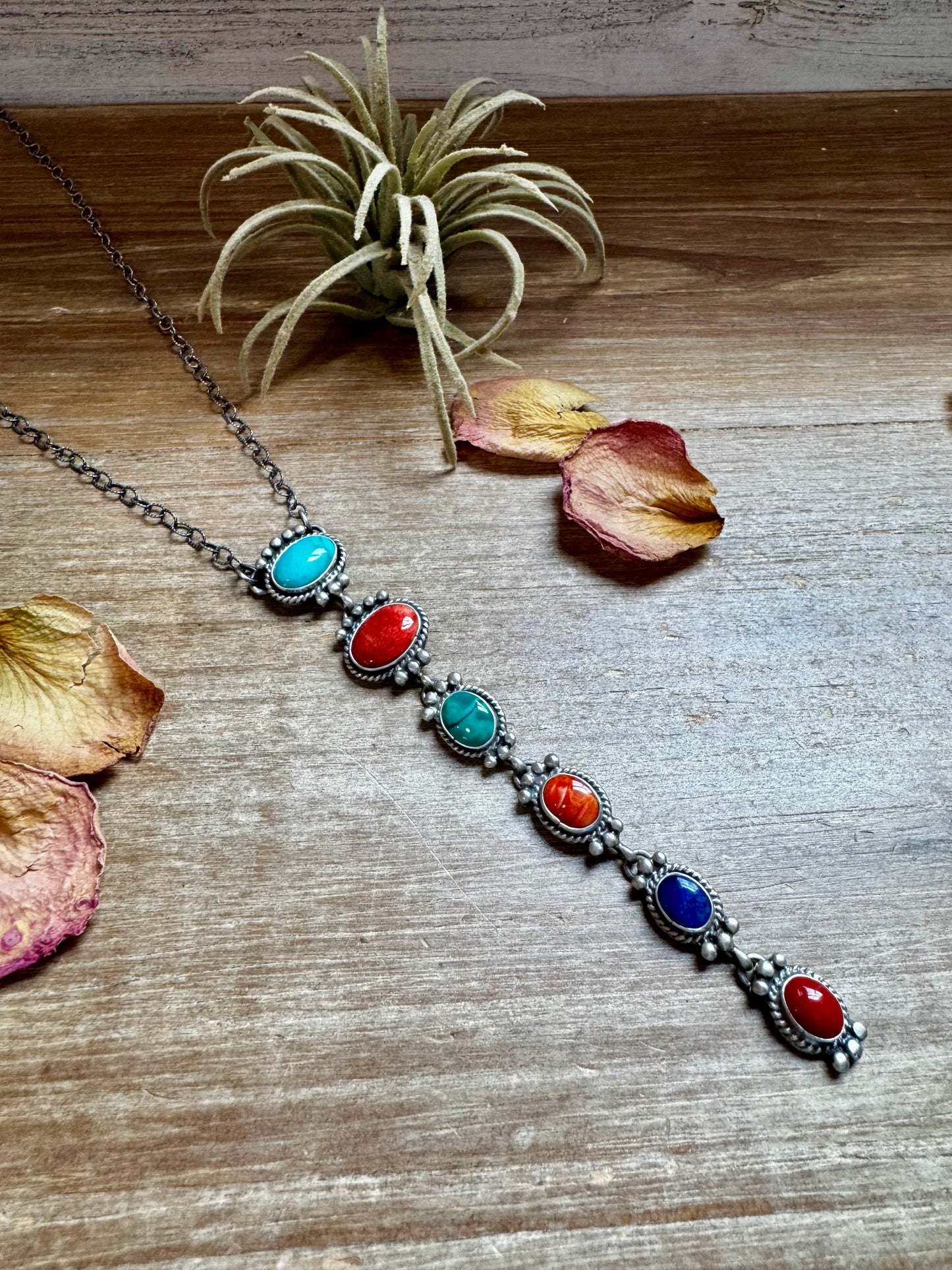 Turquoise, Spiny, & Lapis Lariat - 18" SS chain