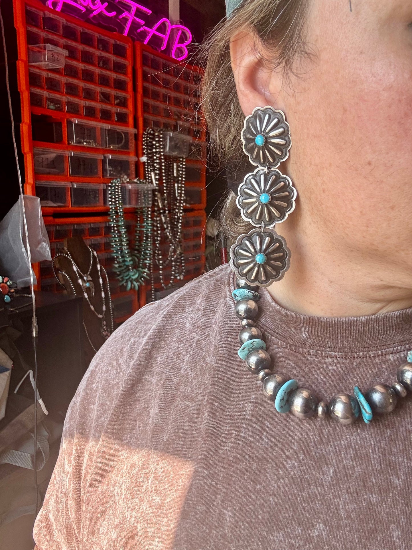 Triple Concho Dangle Earrings with Kingman Turquoise