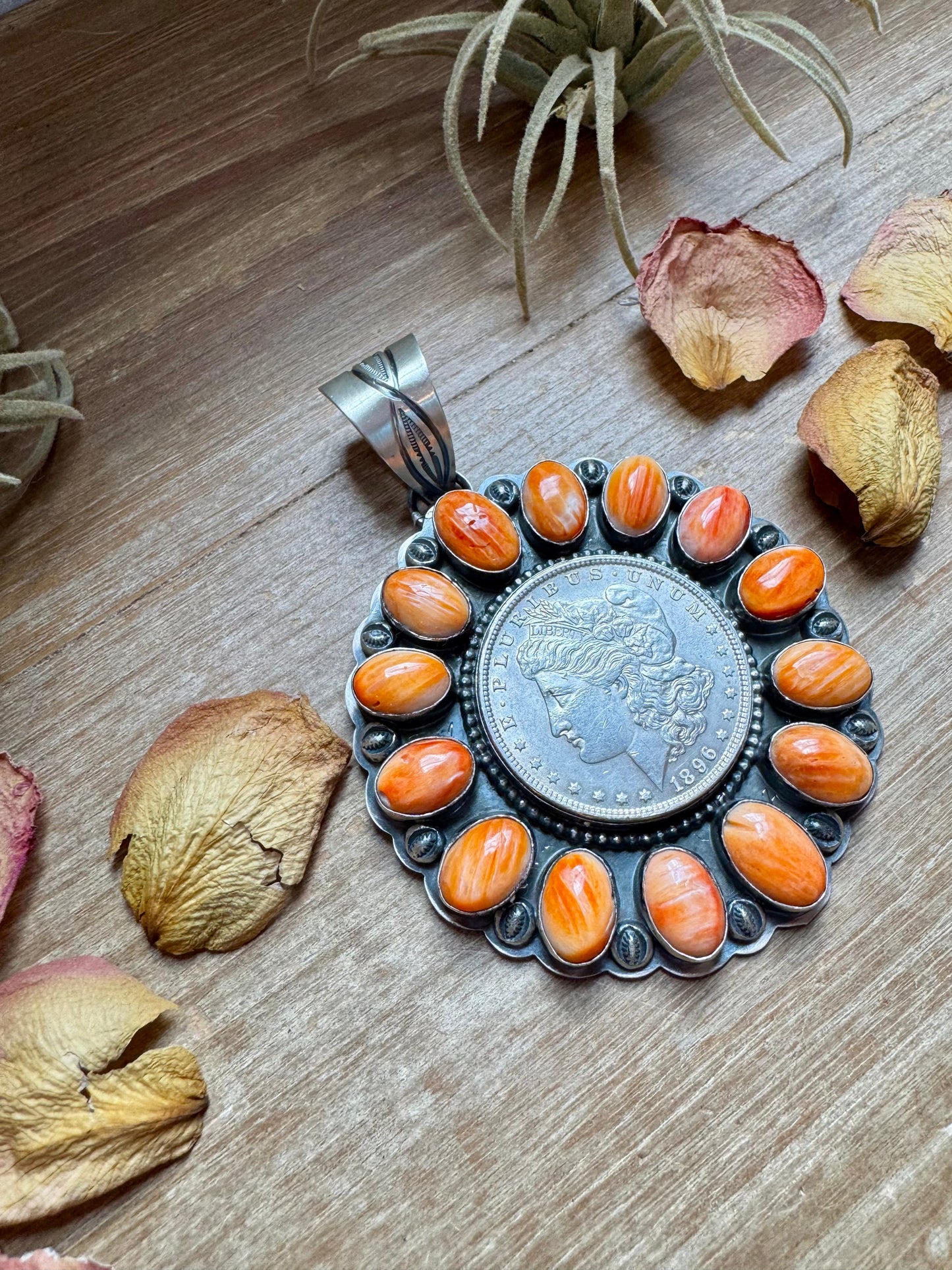 Orange Spiny Oyster & Silver Coin Pendant
