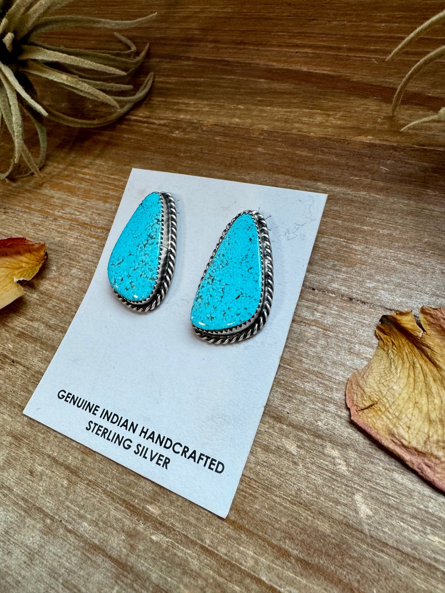 Kingman Turquoise Stud Earrings – 1.5" Navajo Handmade by Donovan Nez