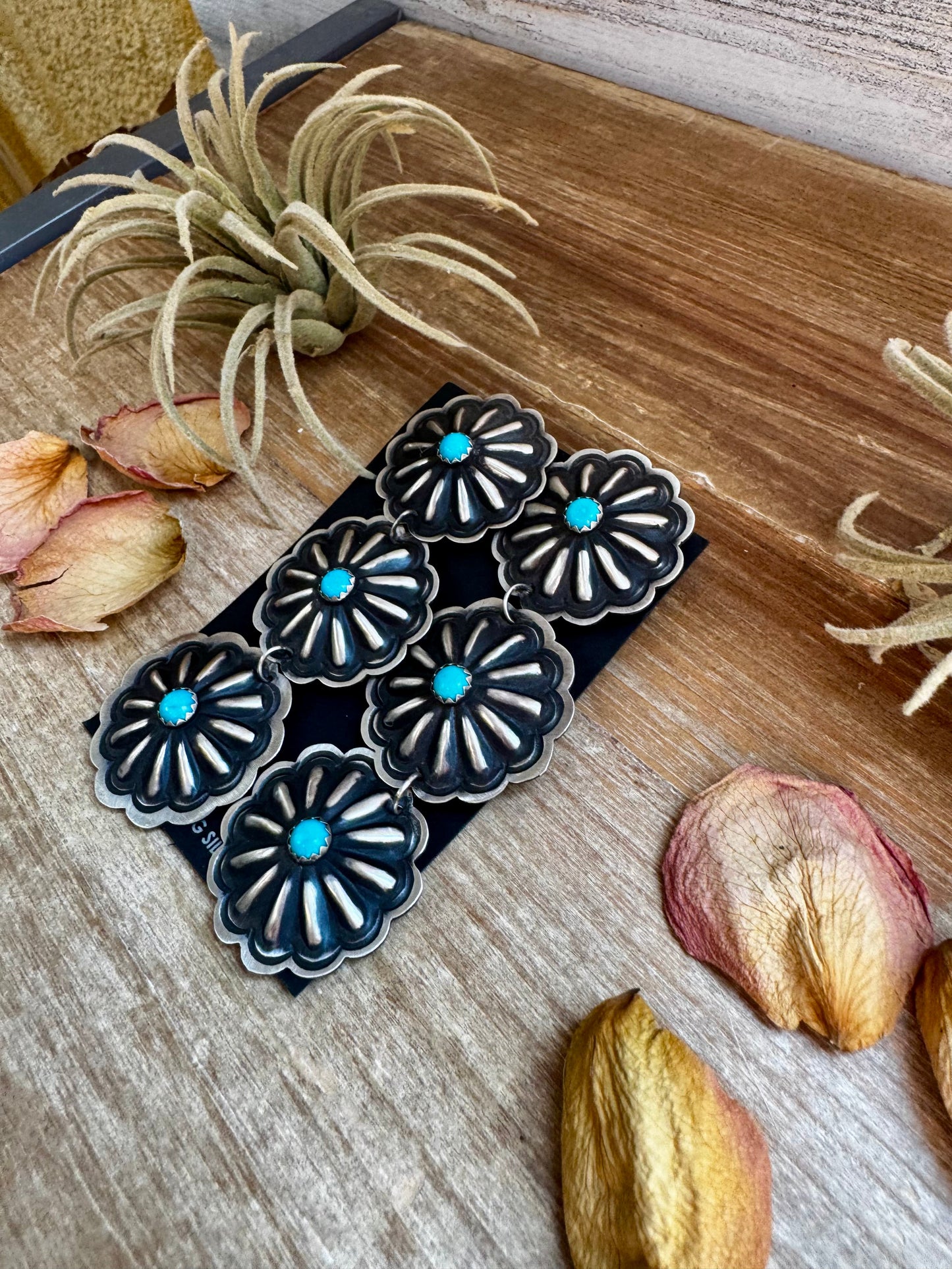 Triple Concho Dangle Earrings with Kingman Turquoise