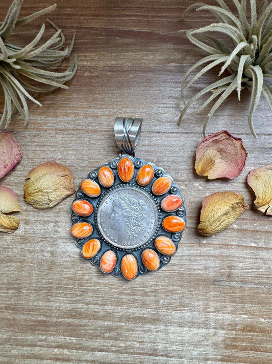 Orange Spiny Oyster & Silver Coin Pendant