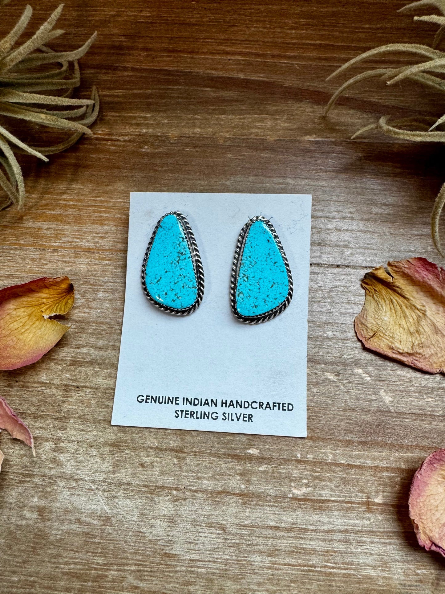 Kingman Turquoise Stud Earrings – 1.5" Navajo Handmade by Donovan Nez