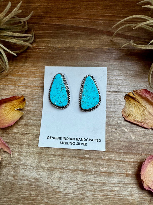 Kingman Turquoise Stud Earrings – 1.5" Navajo Handmade by Donovan Nez