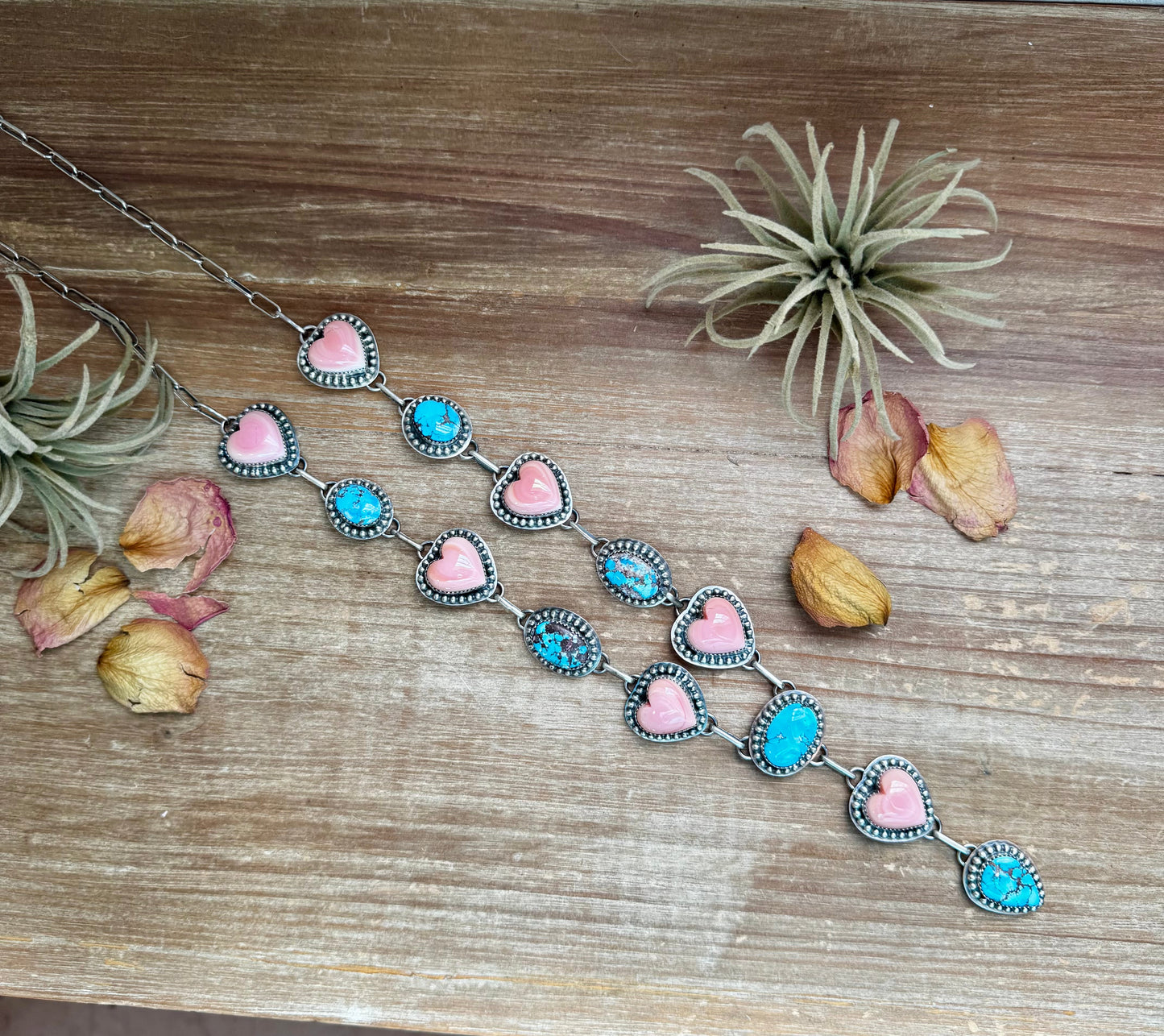 Golden Hill Turquoise & Pink Conch Heart Lariat – 34”