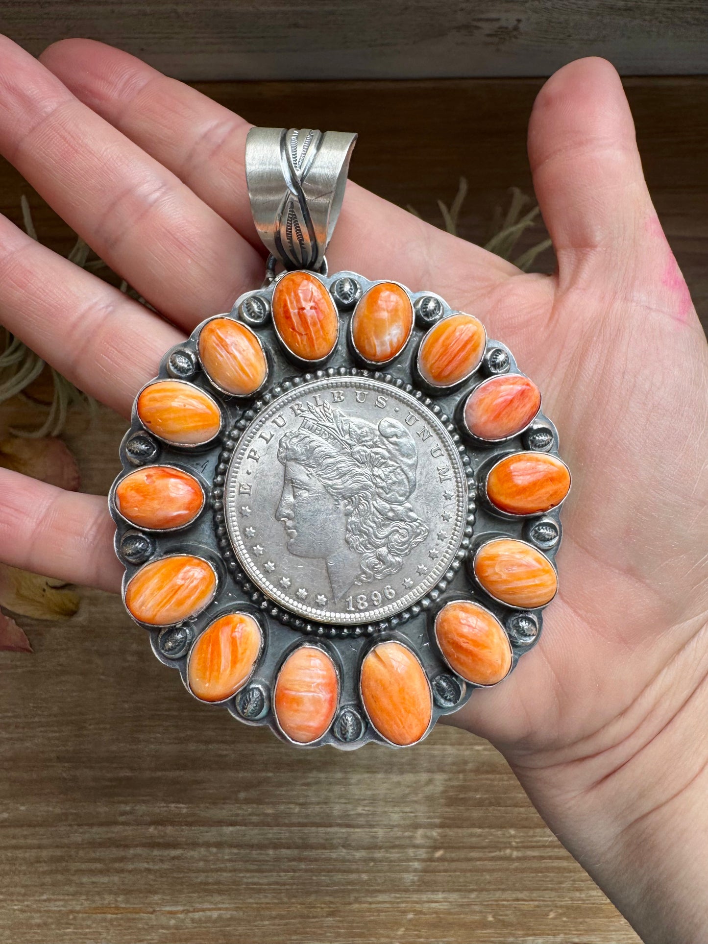 Orange Spiny Oyster & Silver Coin Pendant