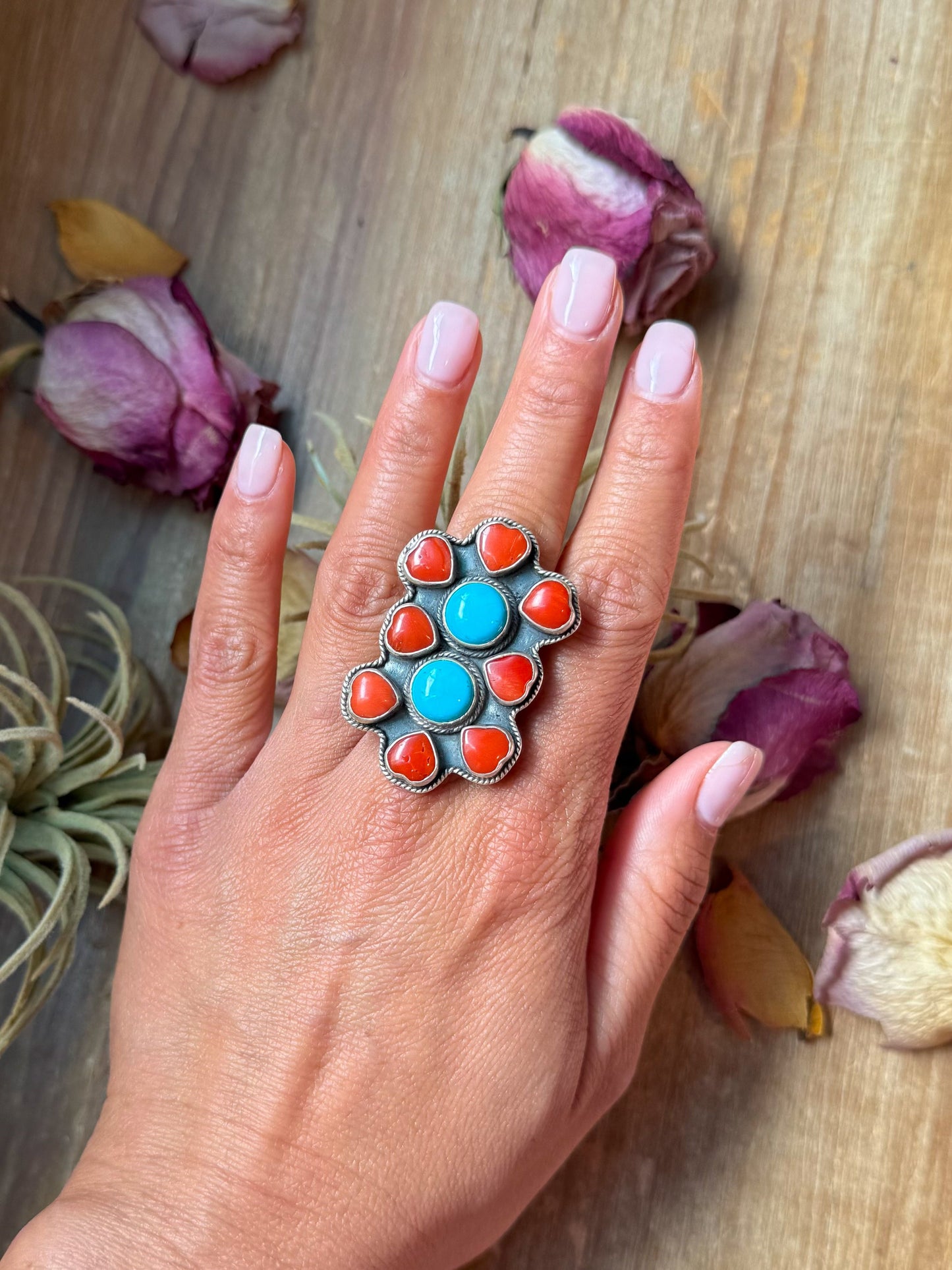 SS Red Coral & Kingman Turquoise Ring – Adjustable