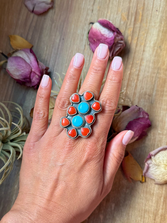 SS Red Coral & Kingman Turquoise Ring – Adjustable