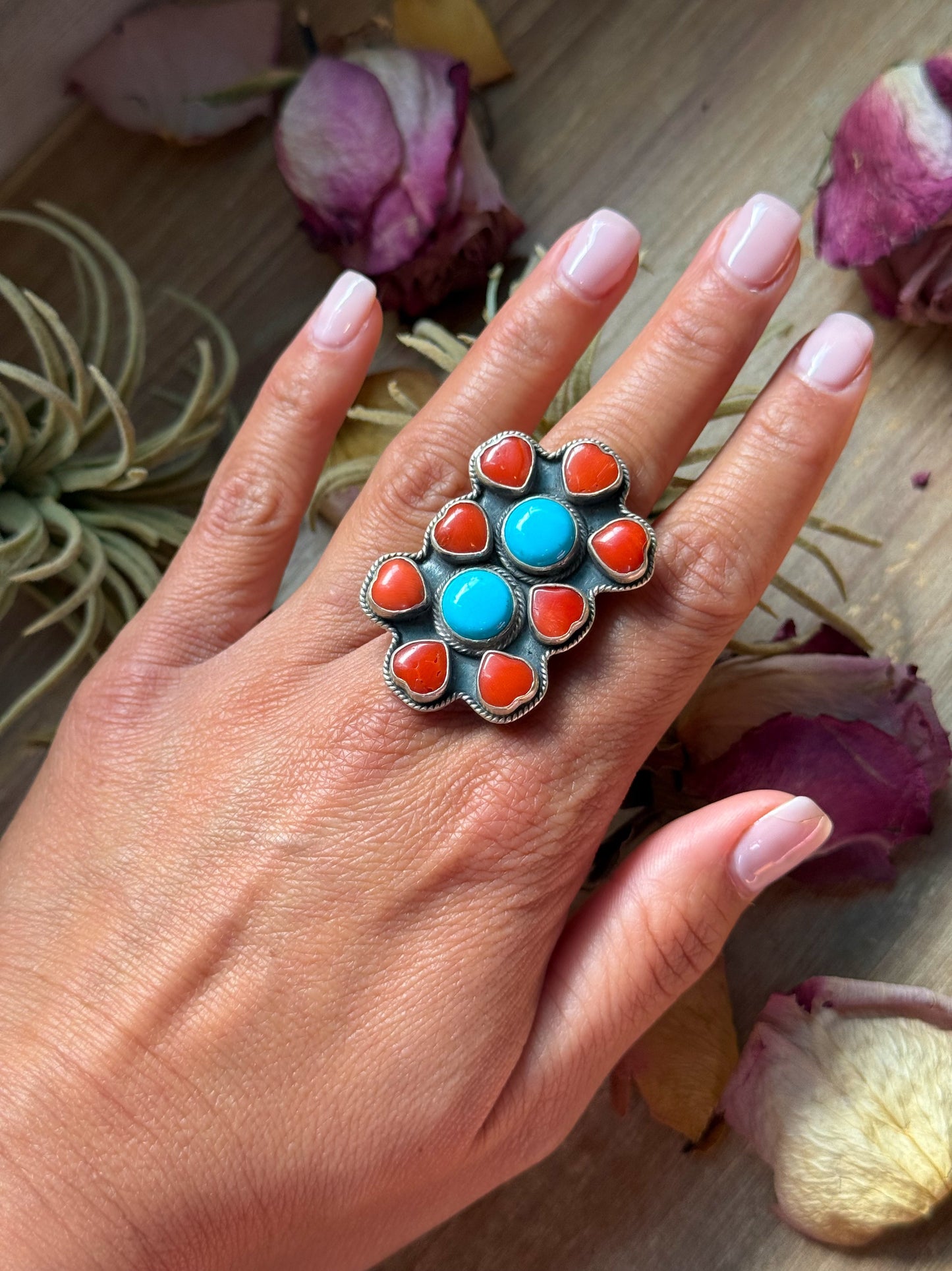 SS Red Coral & Kingman Turquoise Ring – Adjustable