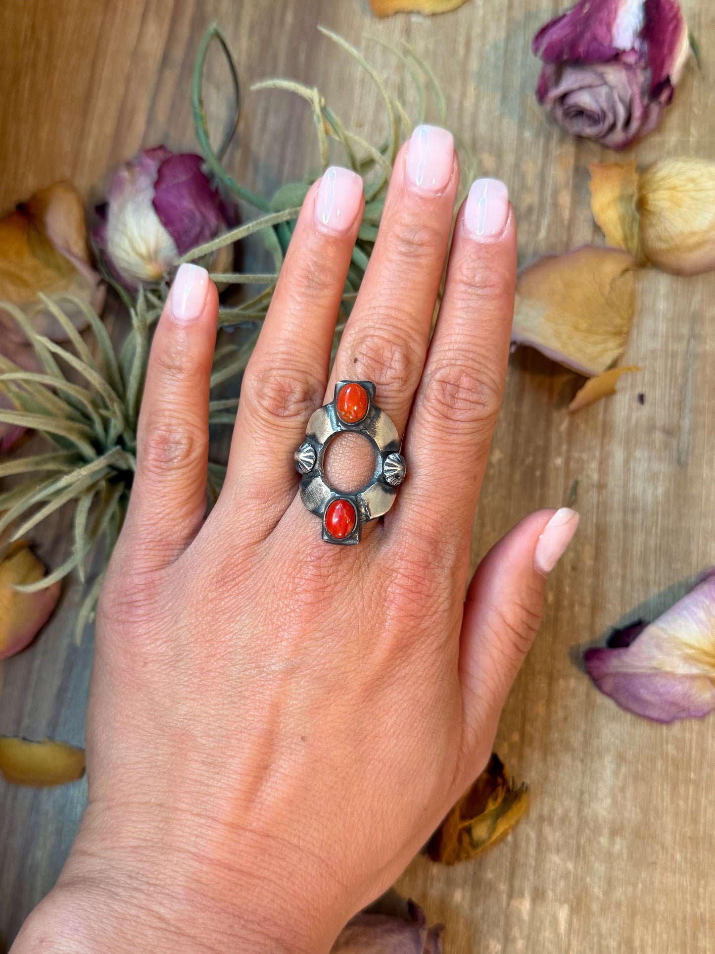 SS Red Coral Ring – Size 10 – Native Made by Chimney Butte