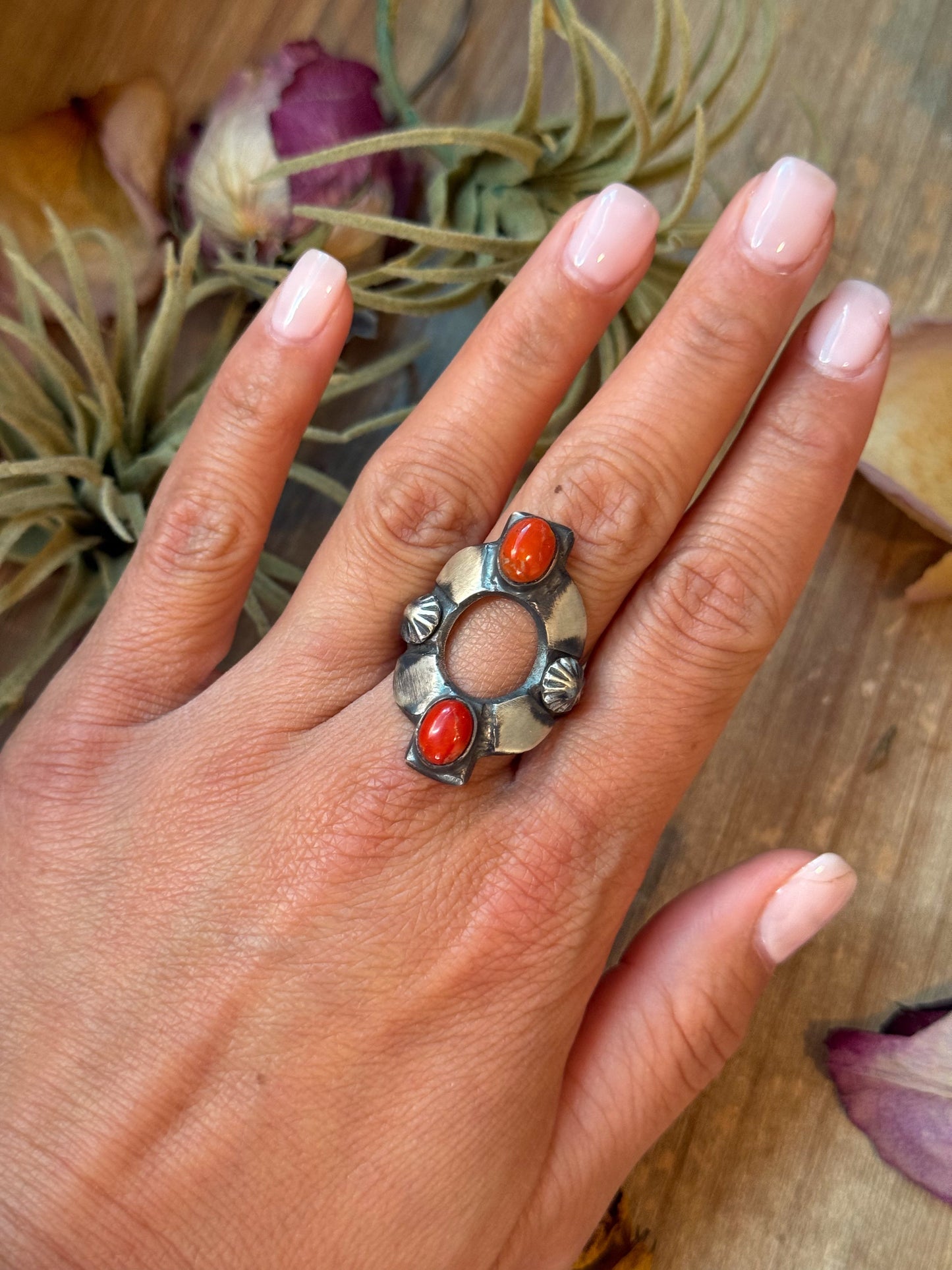 SS Red Coral Ring – Size 10 – Native Made by Chimney Butte