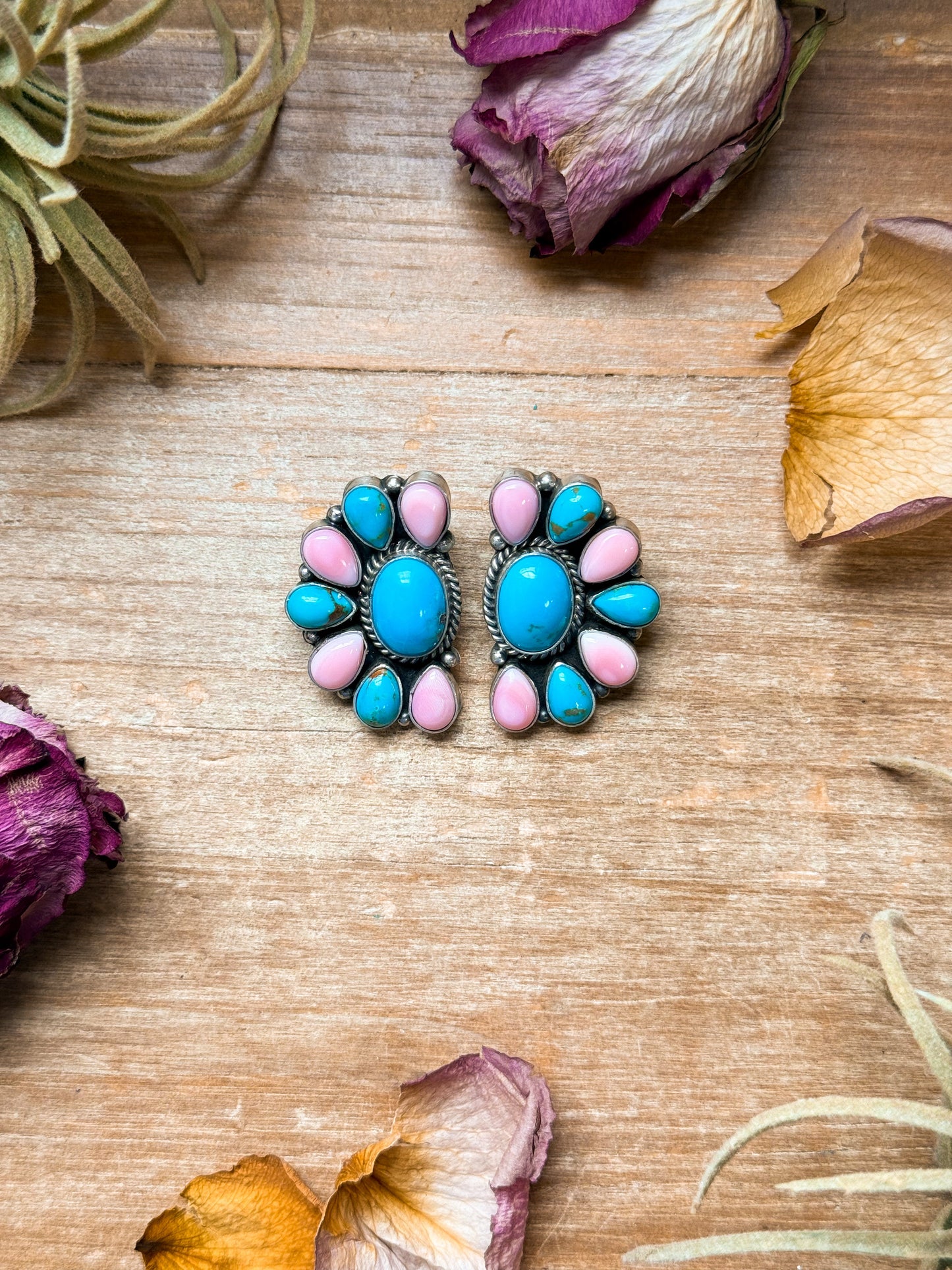 Pink Conch & Kingman Turquoise Half Cluster Earrings
