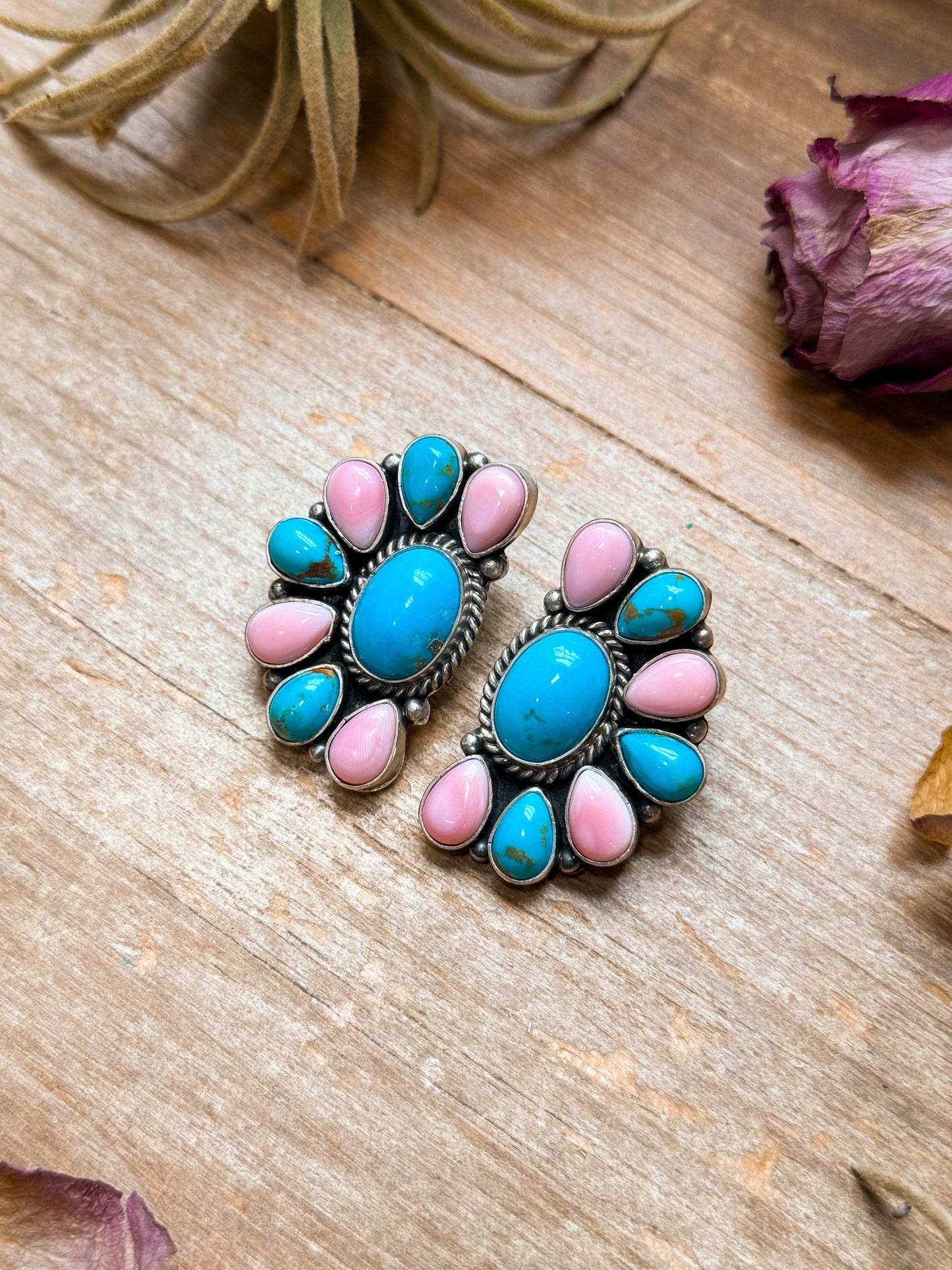 Pink Conch & Kingman Turquoise Half Cluster Earrings