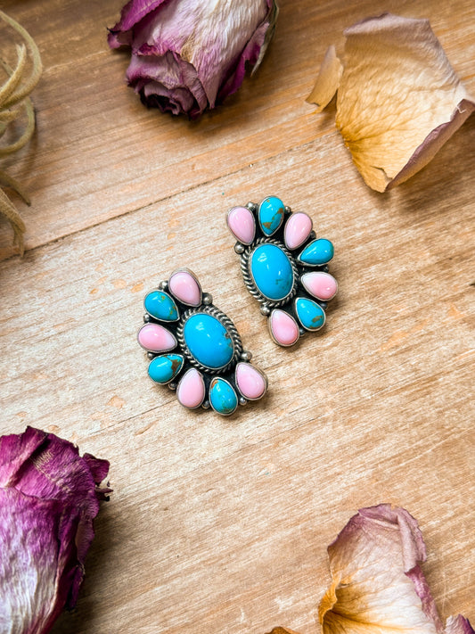 Pink Conch & Kingman Turquoise Half Cluster Earrings