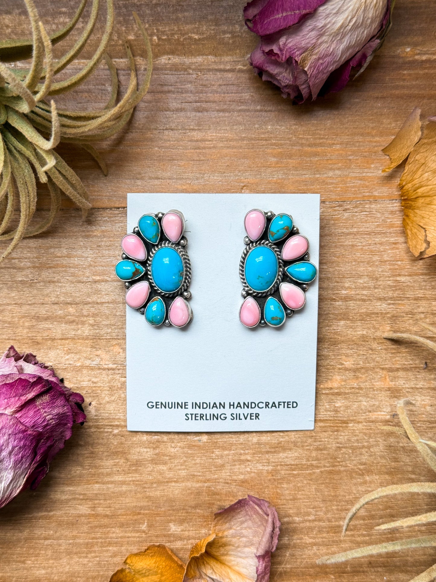 Pink Conch & Kingman Turquoise Half Cluster Earrings