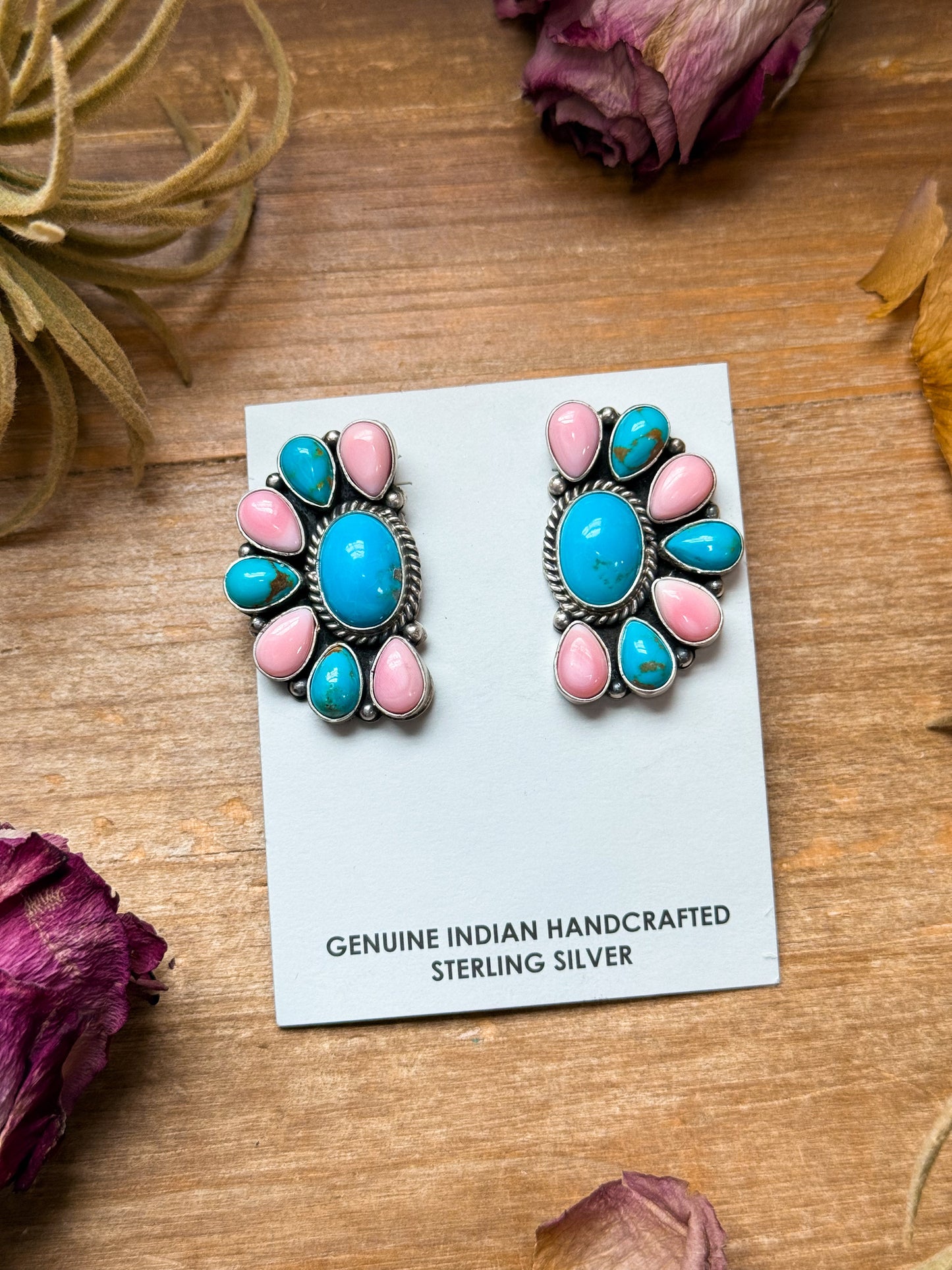 Pink Conch & Kingman Turquoise Half Cluster Earrings
