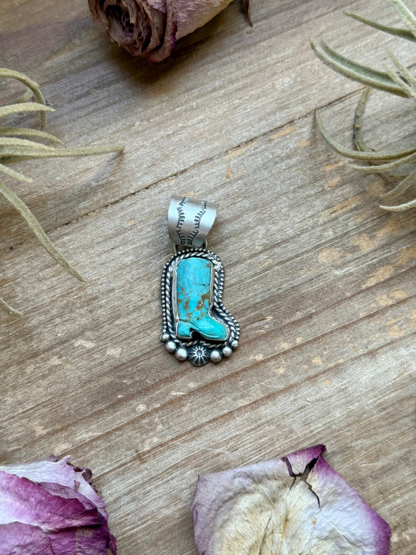 Kingman Turquoise Cowboy Boot Pendant – Handmade by Shay Pfeiffer
