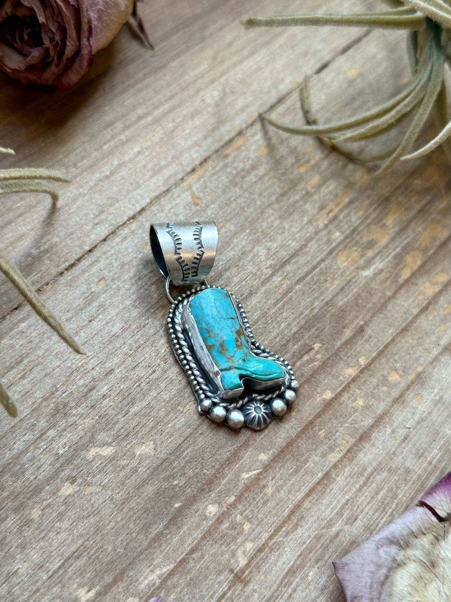 Kingman Turquoise Cowboy Boot Pendant – Handmade by Shay Pfeiffer
