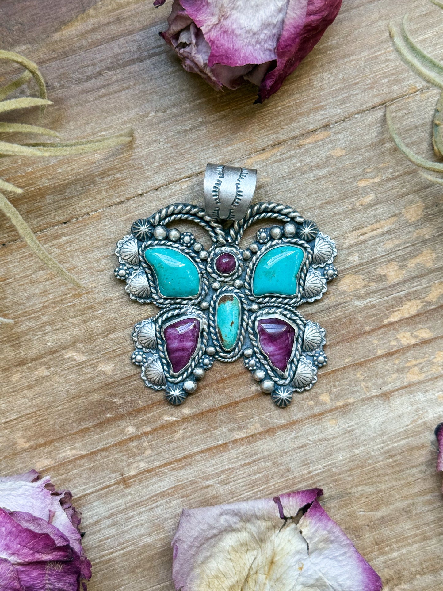 SS Butterfly Pendant with Kingman Turquoise & Purple Spiny Oyster – Handmade by Shay Pfeiffer