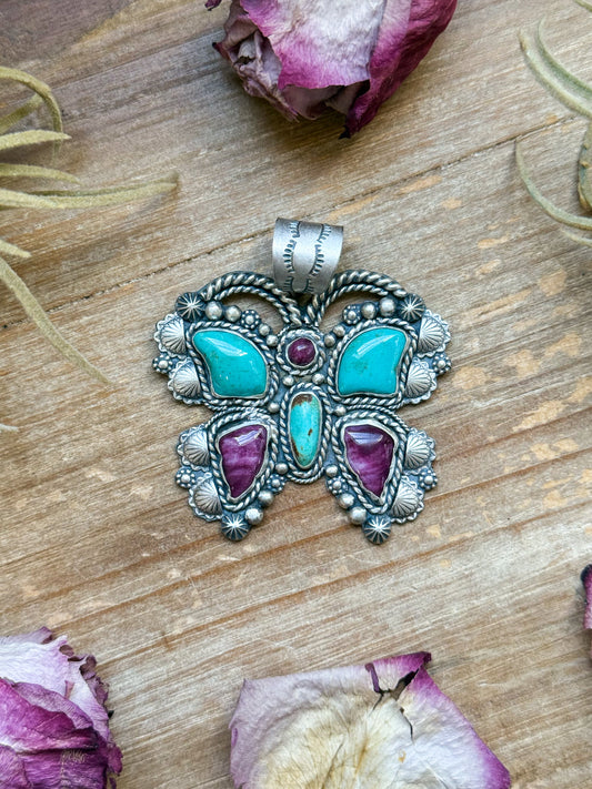 SS Butterfly Pendant with Kingman Turquoise & Purple Spiny Oyster – Handmade by Shay Pfeiffer