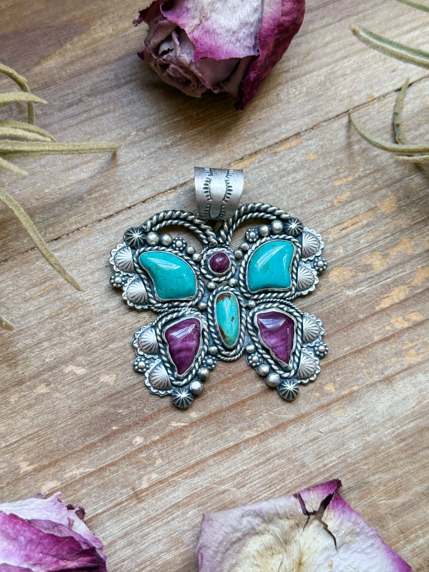 SS Butterfly Pendant with Kingman Turquoise & Purple Spiny Oyster – Handmade by Shay Pfeiffer