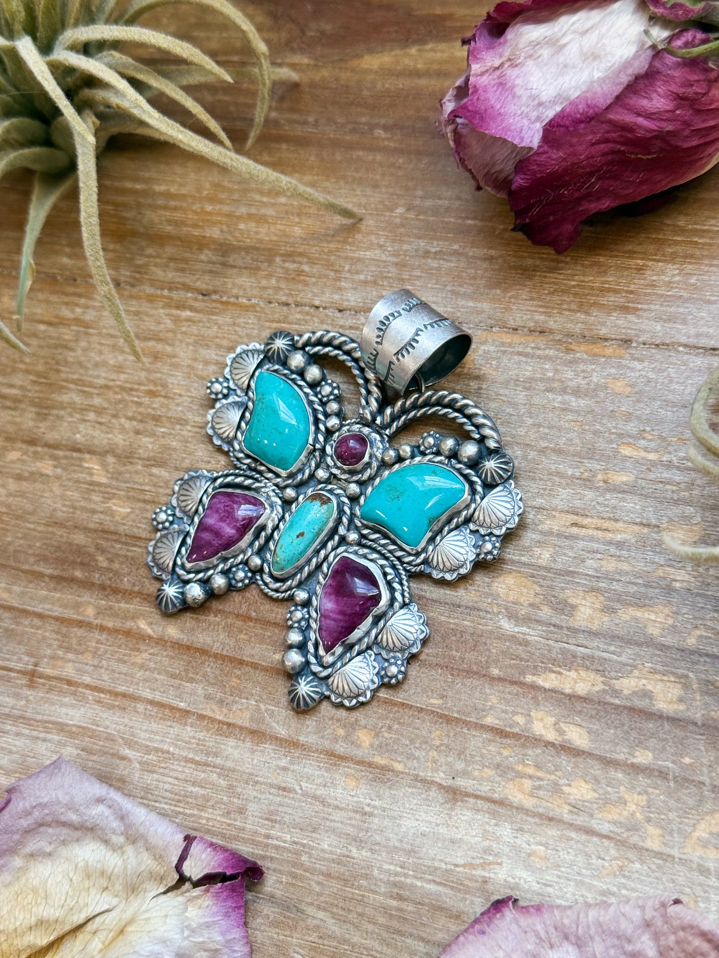 SS Butterfly Pendant with Kingman Turquoise & Purple Spiny Oyster – Handmade by Shay Pfeiffer