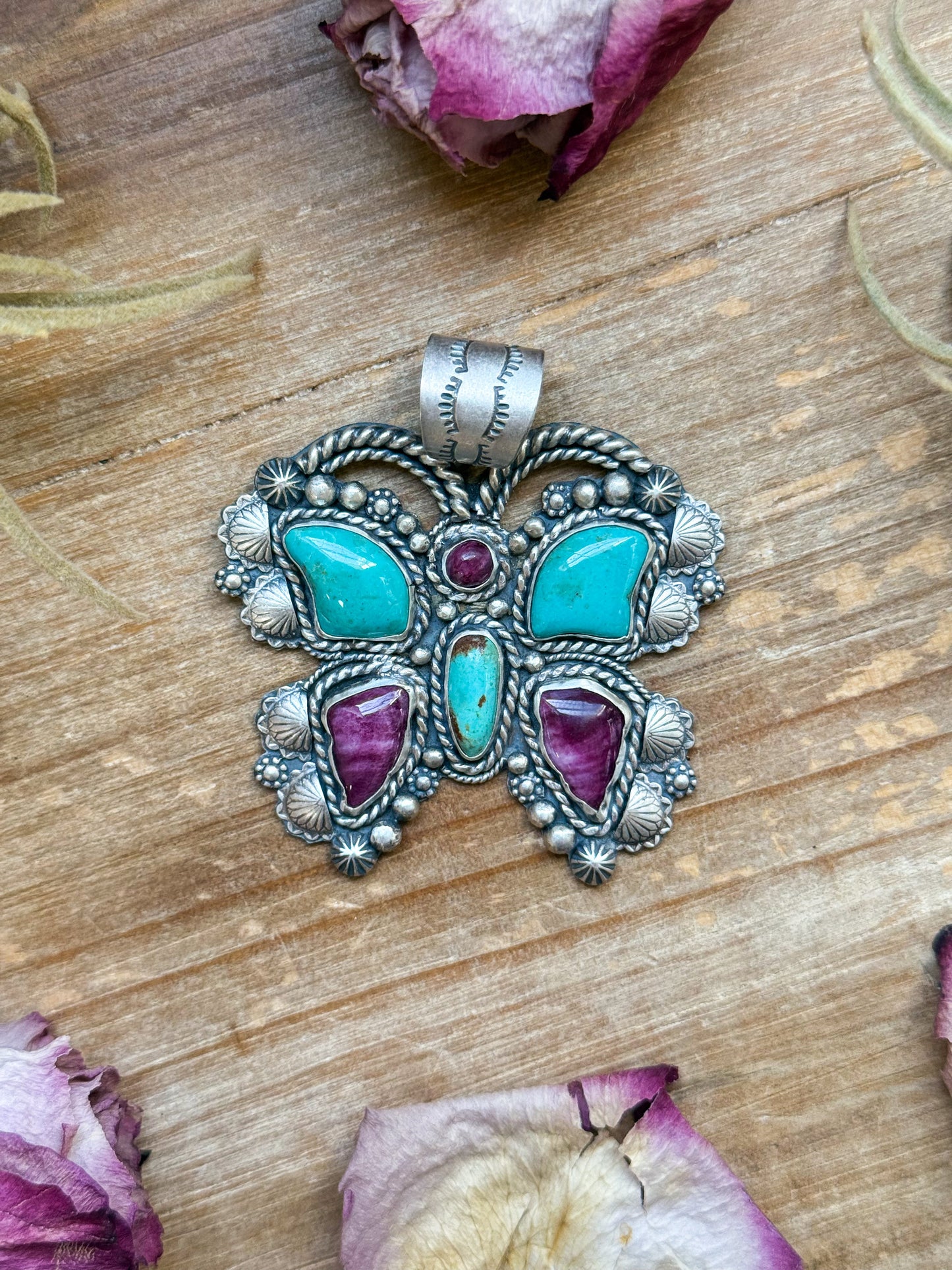 SS Butterfly Pendant with Kingman Turquoise & Purple Spiny Oyster – Handmade by Shay Pfeiffer