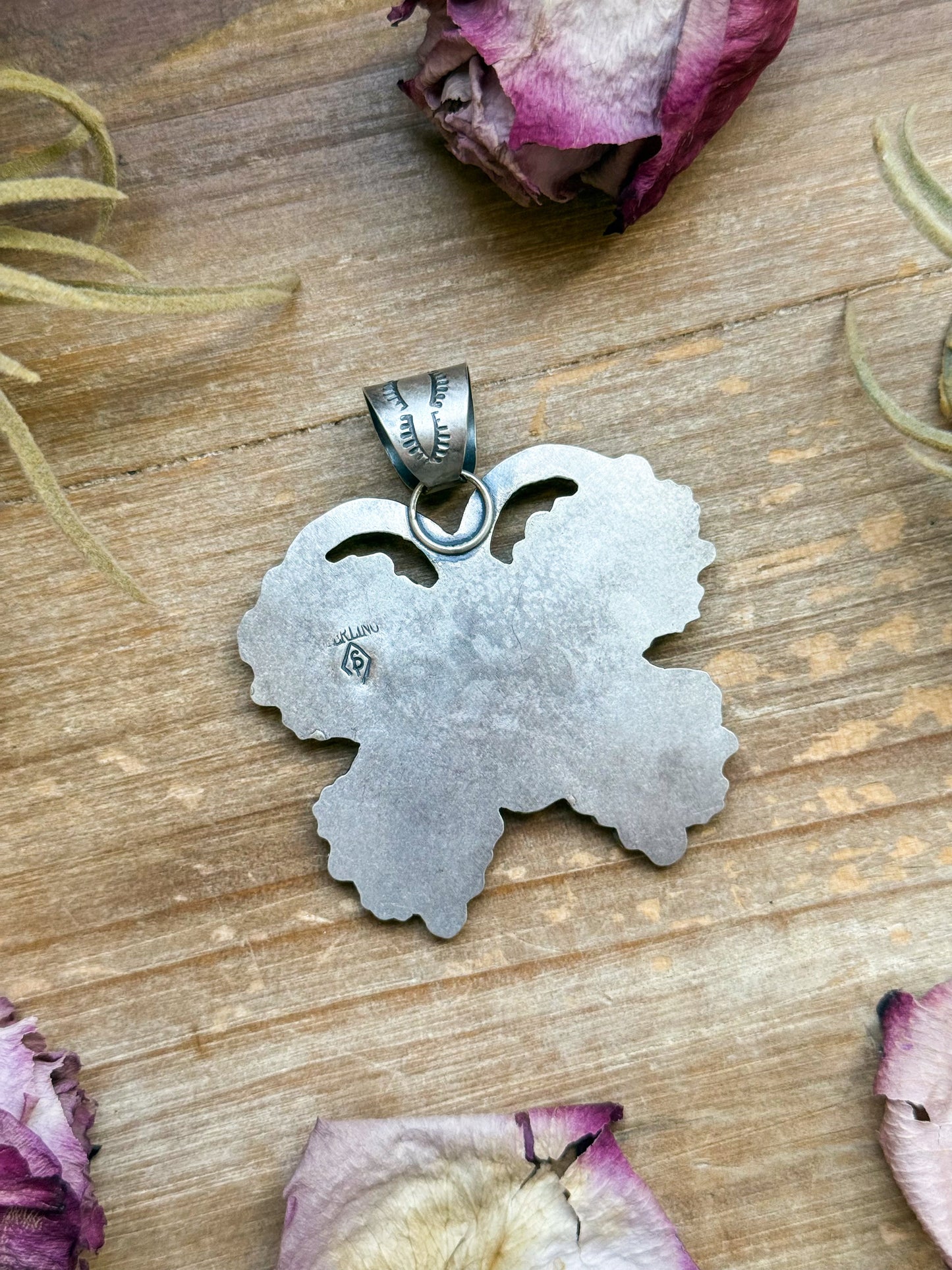 SS Butterfly Pendant with Kingman Turquoise & Purple Spiny Oyster – Handmade by Shay Pfeiffer